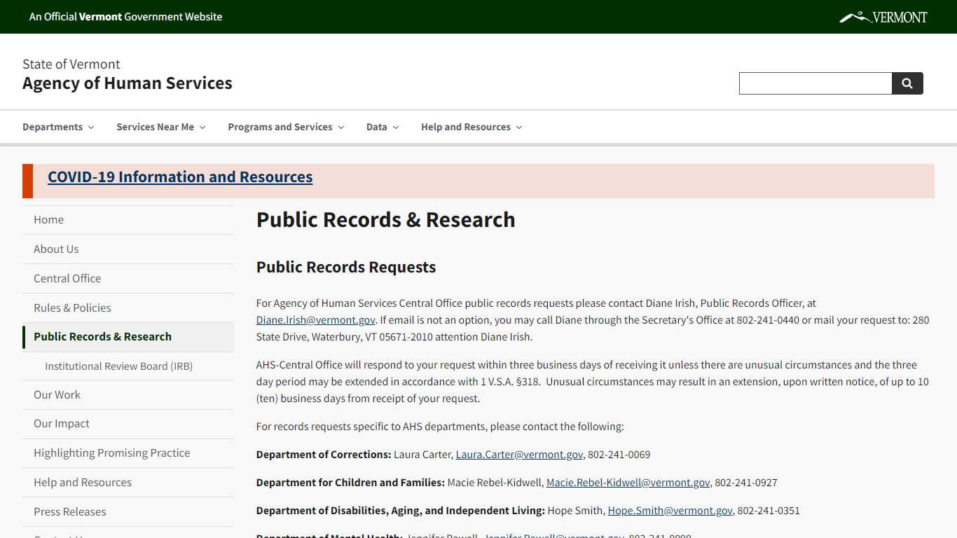 Public Records & Research | Agency of Human Services - Vermont